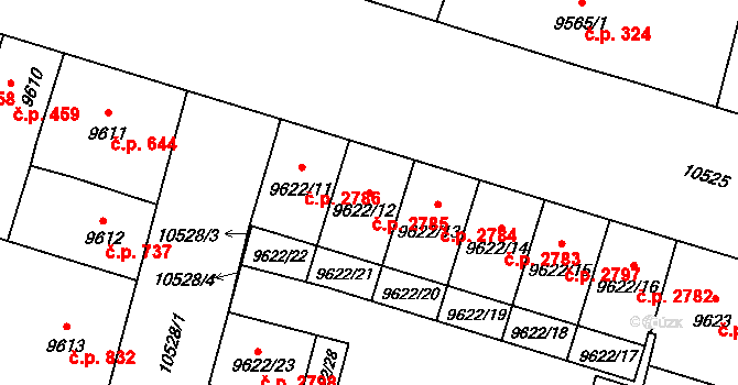 Jižní Předměstí 2785, Plzeň na parcele st. 9622/12 v KÚ Plzeň, Katastrální mapa