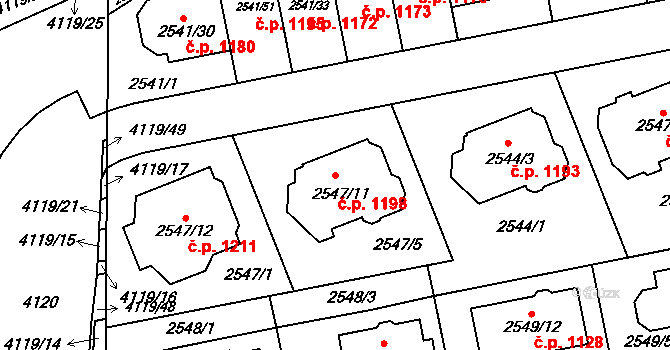 Komín 1198, Brno na parcele st. 2547/11 v KÚ Komín, Katastrální mapa