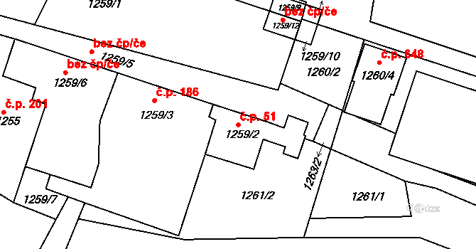 Želechovice nad Dřevnicí 51 na parcele st. 1259/2 v KÚ Želechovice nad Dřevnicí, Katastrální mapa