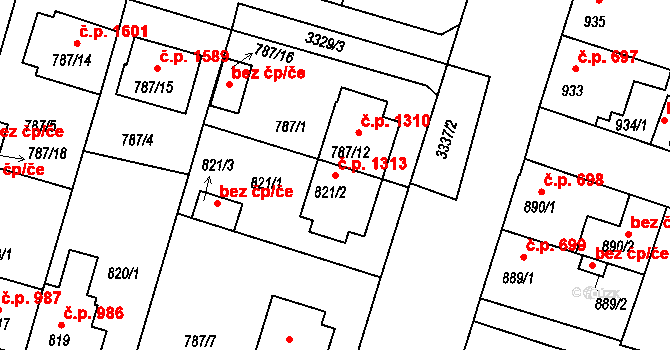 Benešov 1313 na parcele st. 821/2 v KÚ Benešov u Prahy, Katastrální mapa