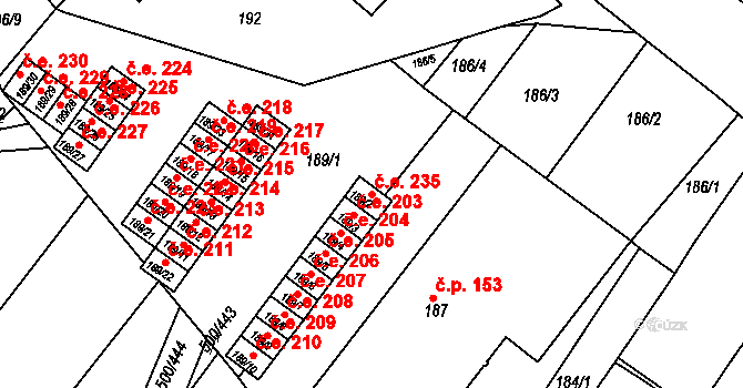 Nebovidy 235 na parcele st. 189/2 v KÚ Nebovidy u Brna, Katastrální mapa