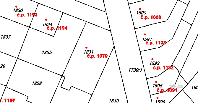 Kunovice 48936898 na parcele st. 1831 v KÚ Kunovice u Uherského Hradiště, Katastrální mapa