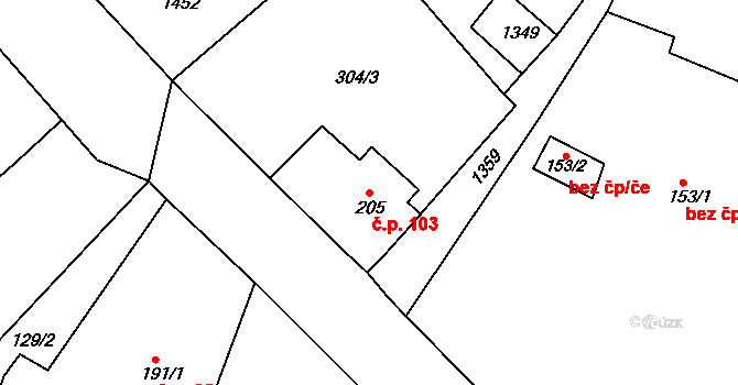 Nemanice 103 na parcele st. 205 v KÚ Nemanice, Katastrální mapa