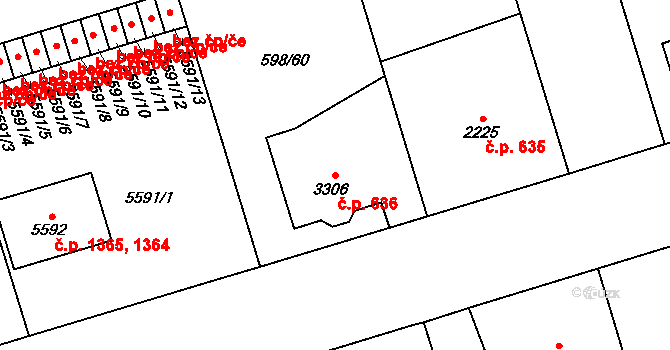 Bílé Předměstí 636, Pardubice na parcele st. 3306 v KÚ Pardubice, Katastrální mapa