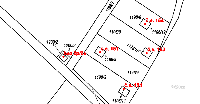 Olomučany 151 na parcele st. 1198/9 v KÚ Olomučany, Katastrální mapa