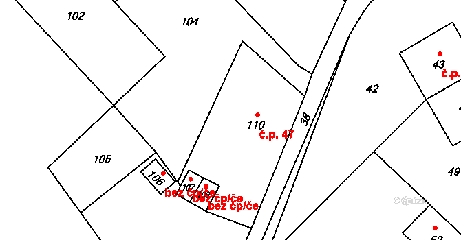 Olbramice 47 na parcele st. 110 v KÚ Olbramice, Katastrální mapa
