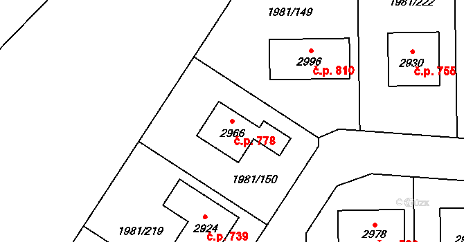 Litice 778, Plzeň na parcele st. 2966 v KÚ Litice u Plzně, Katastrální mapa
