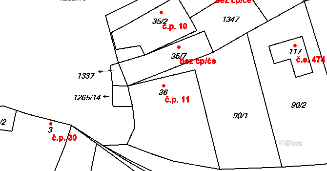 Košetice 11, Líšťany na parcele st. 36 v KÚ Košetice u Hunčic, Katastrální mapa