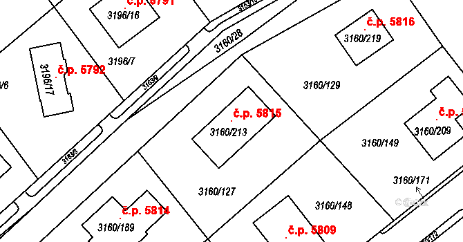 Chomutov 5815 na parcele st. 3160/213 v KÚ Chomutov II, Katastrální mapa
