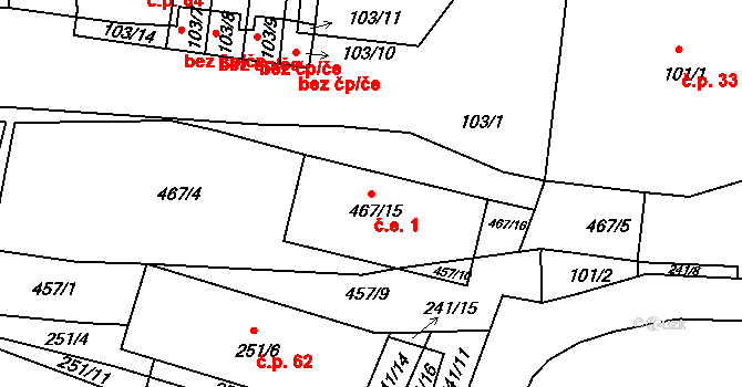 Nové Mlýny 1, Přítluky na parcele st. 467/15 v KÚ Nové Mlýny, Katastrální mapa