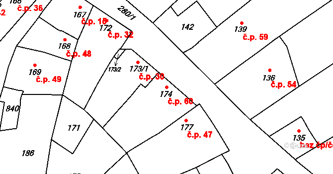 Tetětice 60, Počenice-Tetětice na parcele st. 174 v KÚ Tetětice, Katastrální mapa