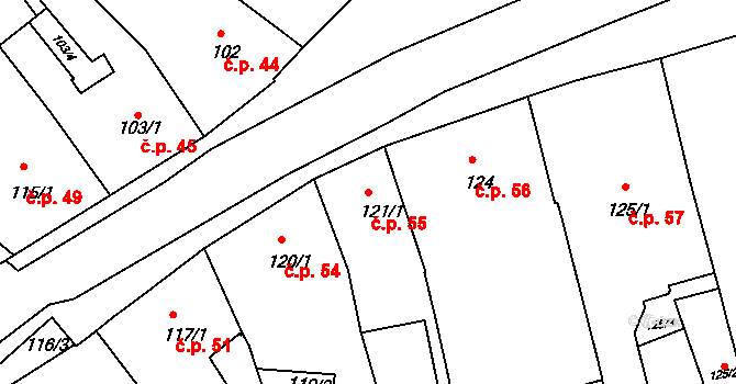 Holešov 55 na parcele st. 121/1 v KÚ Holešov, Katastrální mapa