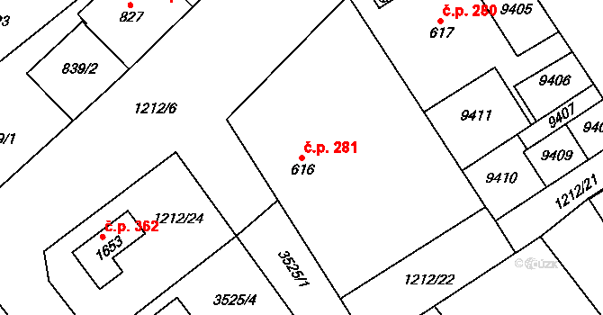 Olbramovice 281 na parcele st. 616 v KÚ Olbramovice u Moravského Krumlova, Katastrální mapa