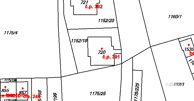 Vranov nad Dyjí 391 na parcele st. 720 v KÚ Vranov nad Dyjí, Katastrální mapa