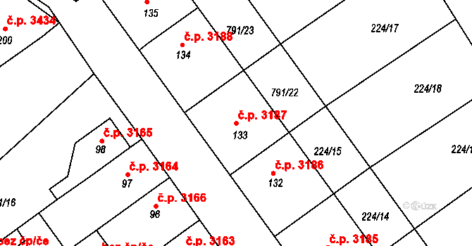 Znojmo 3187 na parcele st. 133 v KÚ Znojmo-Hradiště, Katastrální mapa