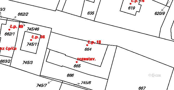 Mokré 18, Litvínovice na parcele st. 664 v KÚ Litvínovice, Katastrální mapa