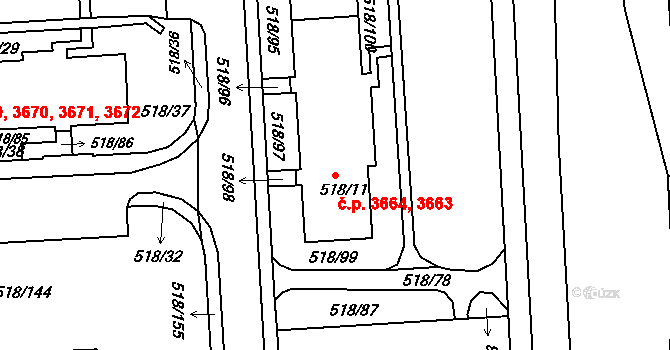 Mšeno nad Nisou 3663,3664, Jablonec nad Nisou na parcele st. 518/11 v KÚ Mšeno nad Nisou, Katastrální mapa