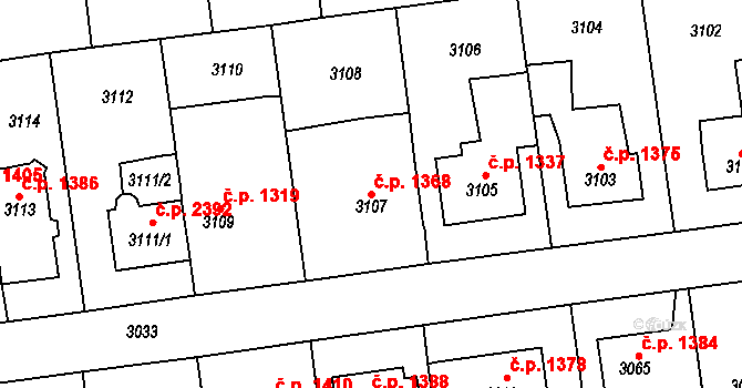 Roztoky 1368 na parcele st. 3107 v KÚ Žalov, Katastrální mapa