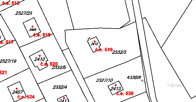 Ostravice 519 na parcele st. 2412 v KÚ Ostravice 1, Katastrální mapa