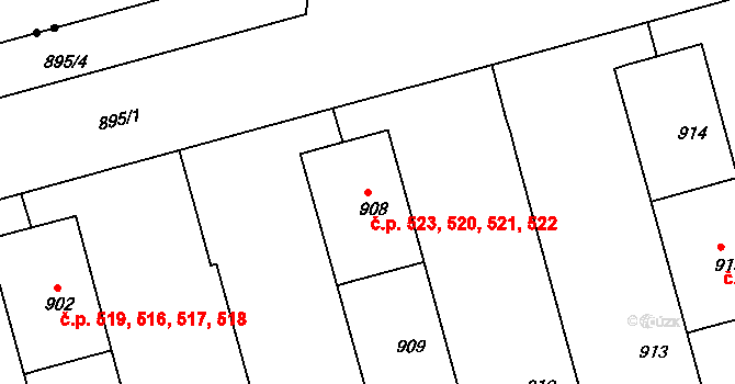 Ponava 520,521,522,523, Brno na parcele st. 908 v KÚ Ponava, Katastrální mapa