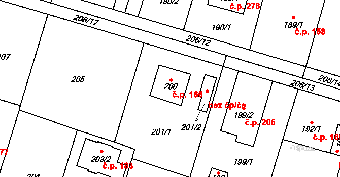 Čelkovice 166, Tábor na parcele st. 200 v KÚ Čelkovice, Katastrální mapa
