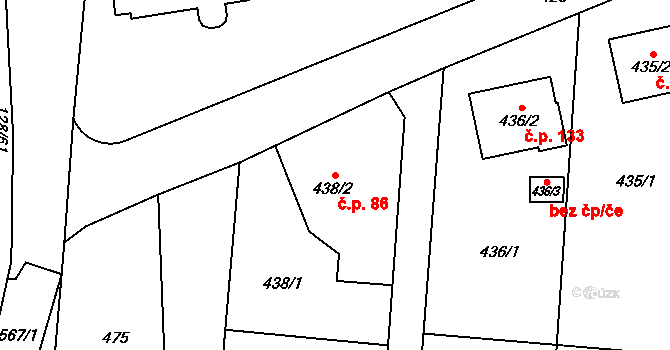 Chlebovice 86, Frýdek-Místek na parcele st. 438/2 v KÚ Chlebovice, Katastrální mapa