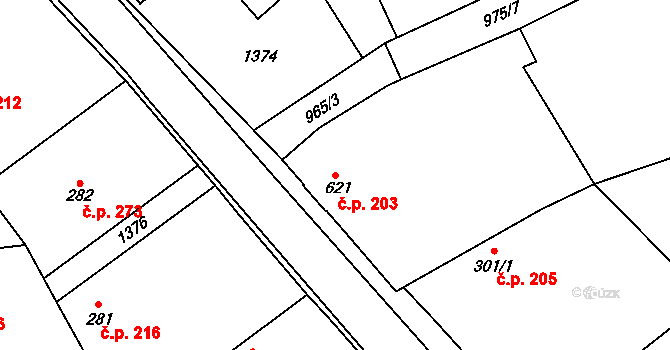 Martinov 203, Záryby na parcele st. 621 v KÚ Martinov, Katastrální mapa