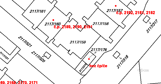 Chodov 2181,2182,2192, Praha na parcele st. 2117/159 v KÚ Chodov, Katastrální mapa
