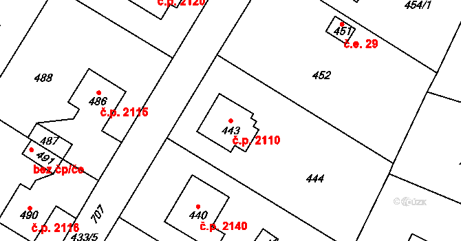 Komořany 2110, Praha na parcele st. 443 v KÚ Komořany, Katastrální mapa