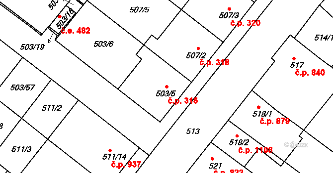 Mutěnice 315 na parcele st. 503/5 v KÚ Mutěnice, Katastrální mapa