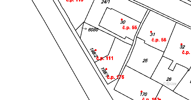 Rosice 111 na parcele st. 198/2 v KÚ Rosice u Brna, Katastrální mapa