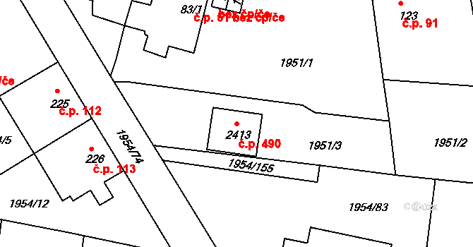 Litice 490, Plzeň na parcele st. 2413 v KÚ Litice u Plzně, Katastrální mapa