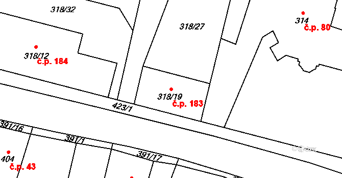 Zábřeh 183, Dolní Benešov na parcele st. 318/19 v KÚ Zábřeh u Hlučína, Katastrální mapa