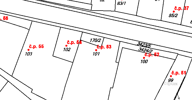 Želetava 53 na parcele st. 101 v KÚ Želetava, Katastrální mapa