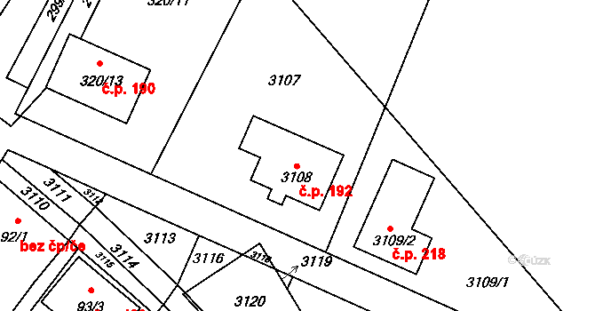 Těšetice 192 na parcele st. 3108 v KÚ Těšetice u Znojma, Katastrální mapa