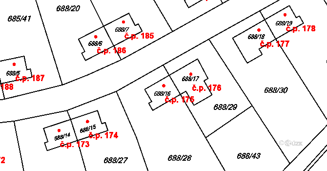 Lhotka 175, Ostrava na parcele st. 688/16 v KÚ Lhotka u Ostravy, Katastrální mapa