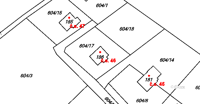 Heřmaň 46 na parcele st. 186 v KÚ Heřmaň, Katastrální mapa