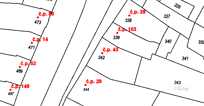 Milešovice 43 na parcele st. 342 v KÚ Milešovice, Katastrální mapa