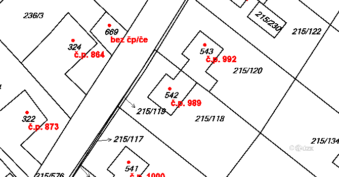 Rudná 989 na parcele st. 542 v KÚ Hořelice, Katastrální mapa