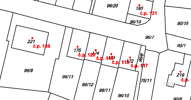 Svéradice 119 na parcele st. 174 v KÚ Svéradice, Katastrální mapa