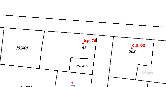 Ráby 74 na parcele st. 87 v KÚ Ráby, Katastrální mapa