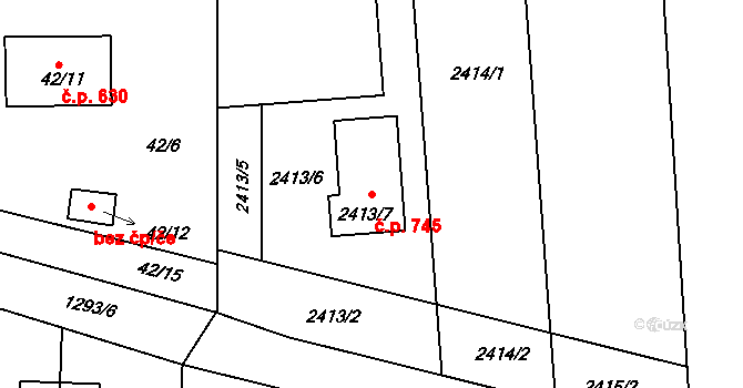 Tuchlovice 745 na parcele st. 2413/7 v KÚ Tuchlovice, Katastrální mapa