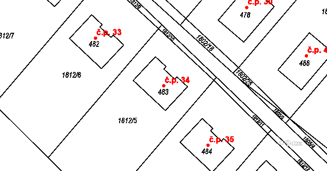 Krnalovice 34, Hukvaldy na parcele st. 483 v KÚ Rychaltice, Katastrální mapa