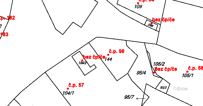 Opočnice 98 na parcele st. 144 v KÚ Opočnice, Katastrální mapa