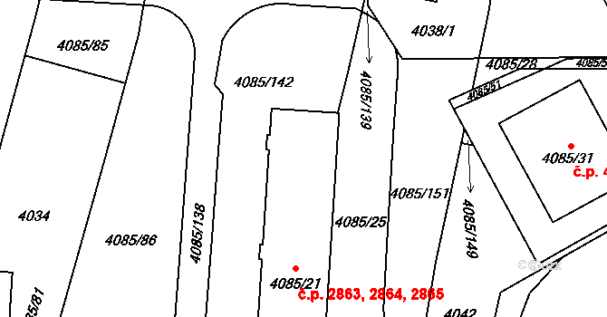 Jihlava 2863,2864,2865 na parcele st. 4085/21 v KÚ Jihlava, Katastrální mapa