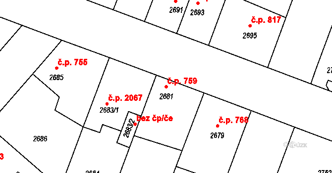 Čelákovice 759 na parcele st. 2681 v KÚ Čelákovice, Katastrální mapa