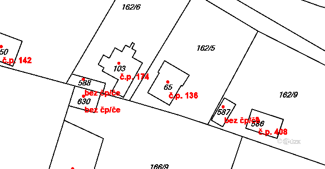 Březová 136, Březová-Oleško na parcele st. 65 v KÚ Březová u Zvole, Katastrální mapa