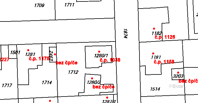 Brandýs nad Labem 1038, Brandýs nad Labem-Stará Boleslav na parcele st. 1280/1 v KÚ Brandýs nad Labem, Katastrální mapa