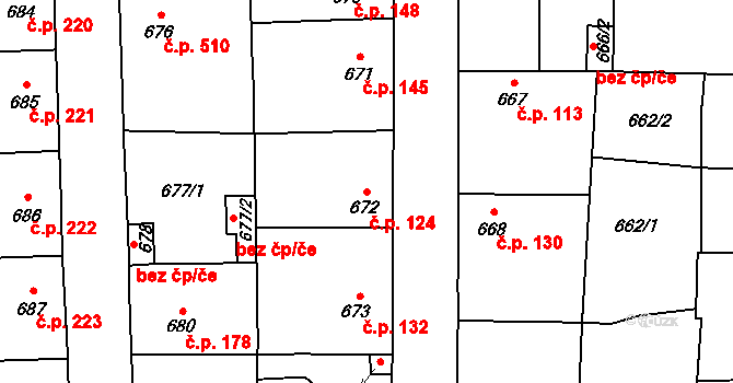 Vinařice 124 na parcele st. 672 v KÚ Vinařice u Kladna, Katastrální mapa