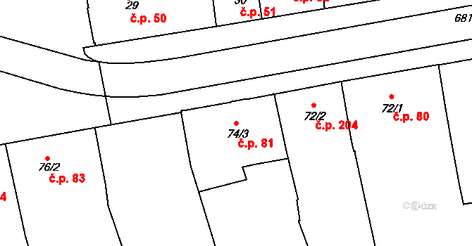 Nechanice 81 na parcele st. 74/3 v KÚ Nechanice, Katastrální mapa